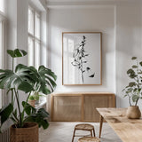 Ink Foxglove by Shirley Novak. shown as a print in a natural wood frame in a dining room. Available as a archival giclee rolled canvas, fine art paper, or poster print. SKU 89290h.