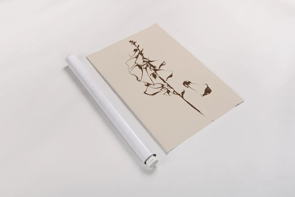 Ink Foxglove Sepia by Shirley Novak. shown as a rolled paper print. Available as archival giclee rolled canvas, fine art paper, or poster print. SKU 91299h.