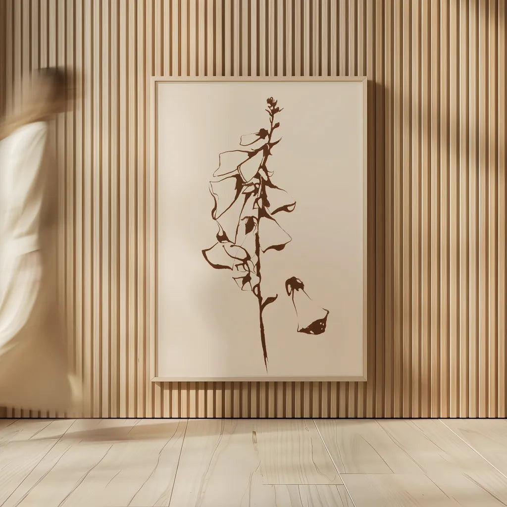 Ink Foxglove Sepia by Shirley Novak. shown as over sized large wall art. Available as an archival giclee rolled canvas, fine art paper, or poster print. SKU 91299h.