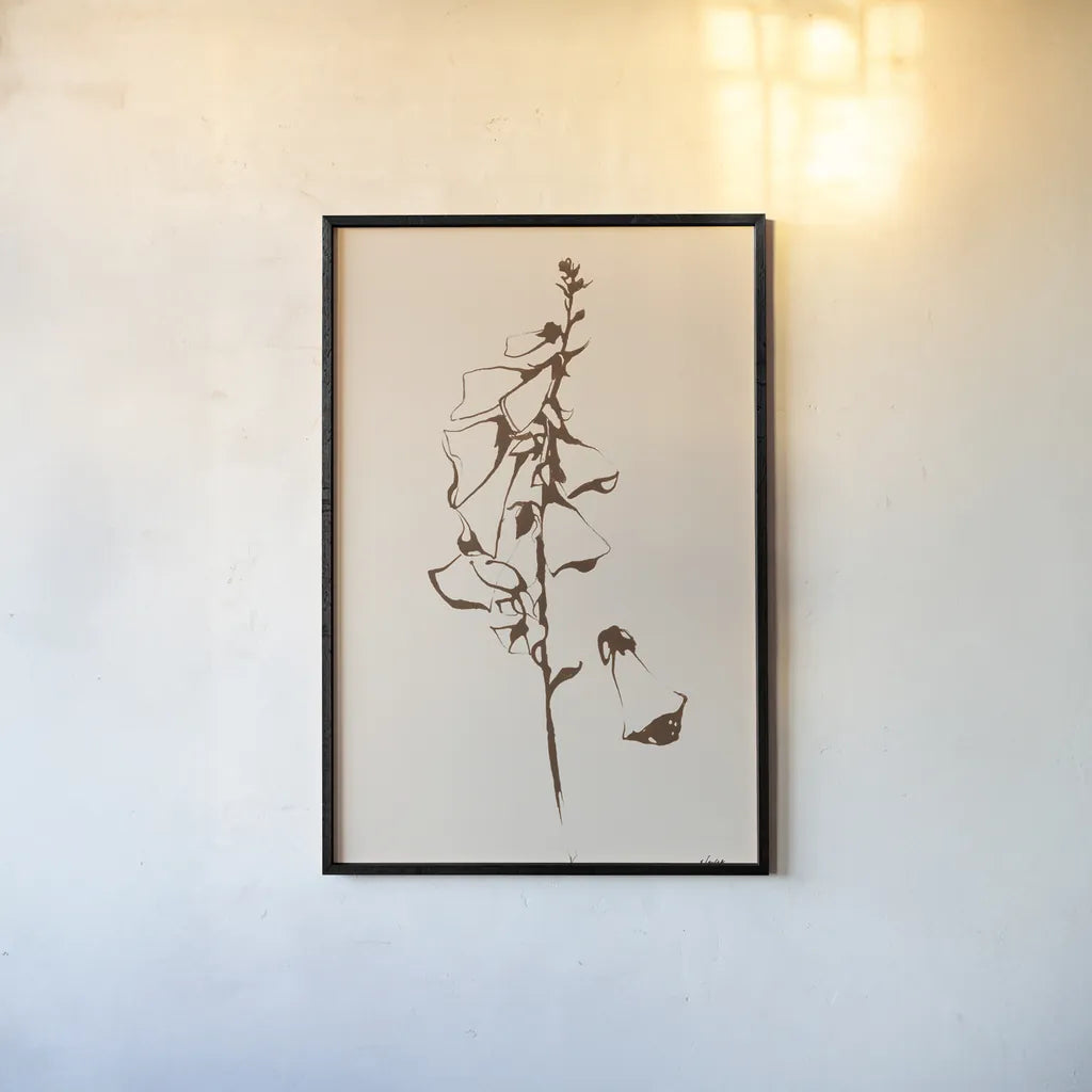 Ink Foxglove Sepia by Shirley Novak. shown as a paper print in a black flame. Available as a archival giclee rolled canvas, fine art paper, or poster print. SKU 91299h.
