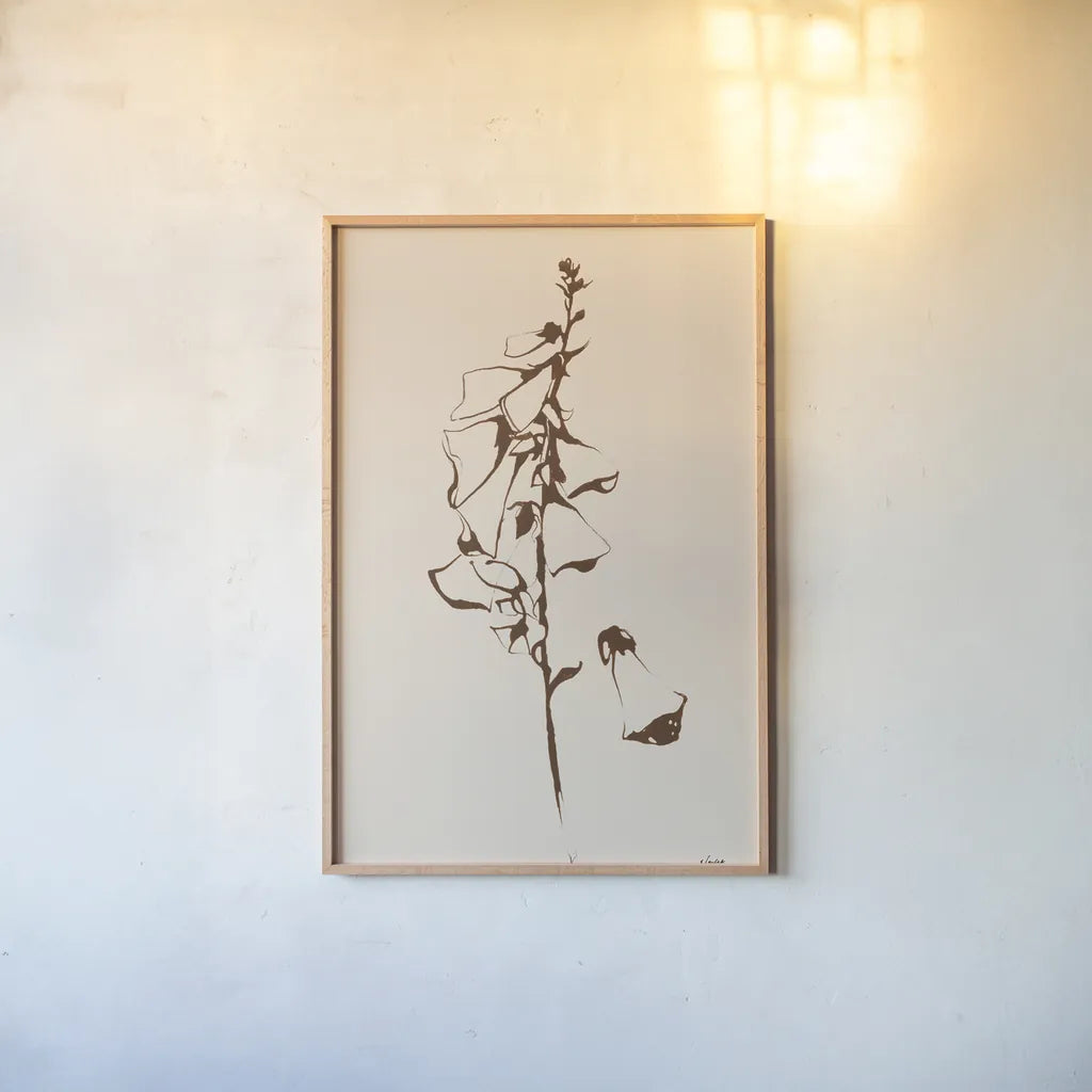 Ink Foxglove Sepia by Shirley Novak. shown as a paper print in a natural frame. Available as a archival giclee rolled canvas, fine art paper, or poster print. SKU 91299h.