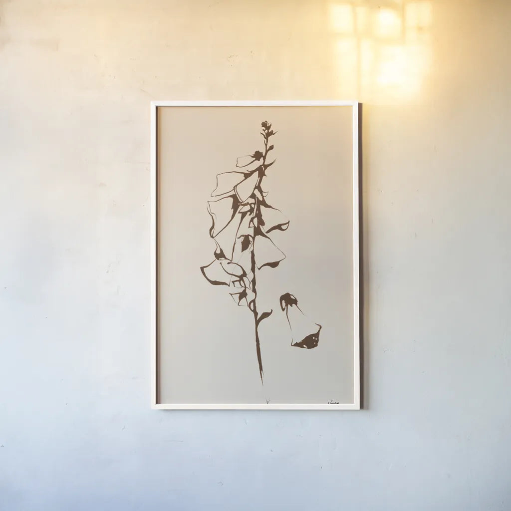 Ink Foxglove Sepia by Shirley Novak. shown as a paper print in a white frame. Available as a archival giclee rolled canvas, fine art paper, or poster print. SKU 91299h.