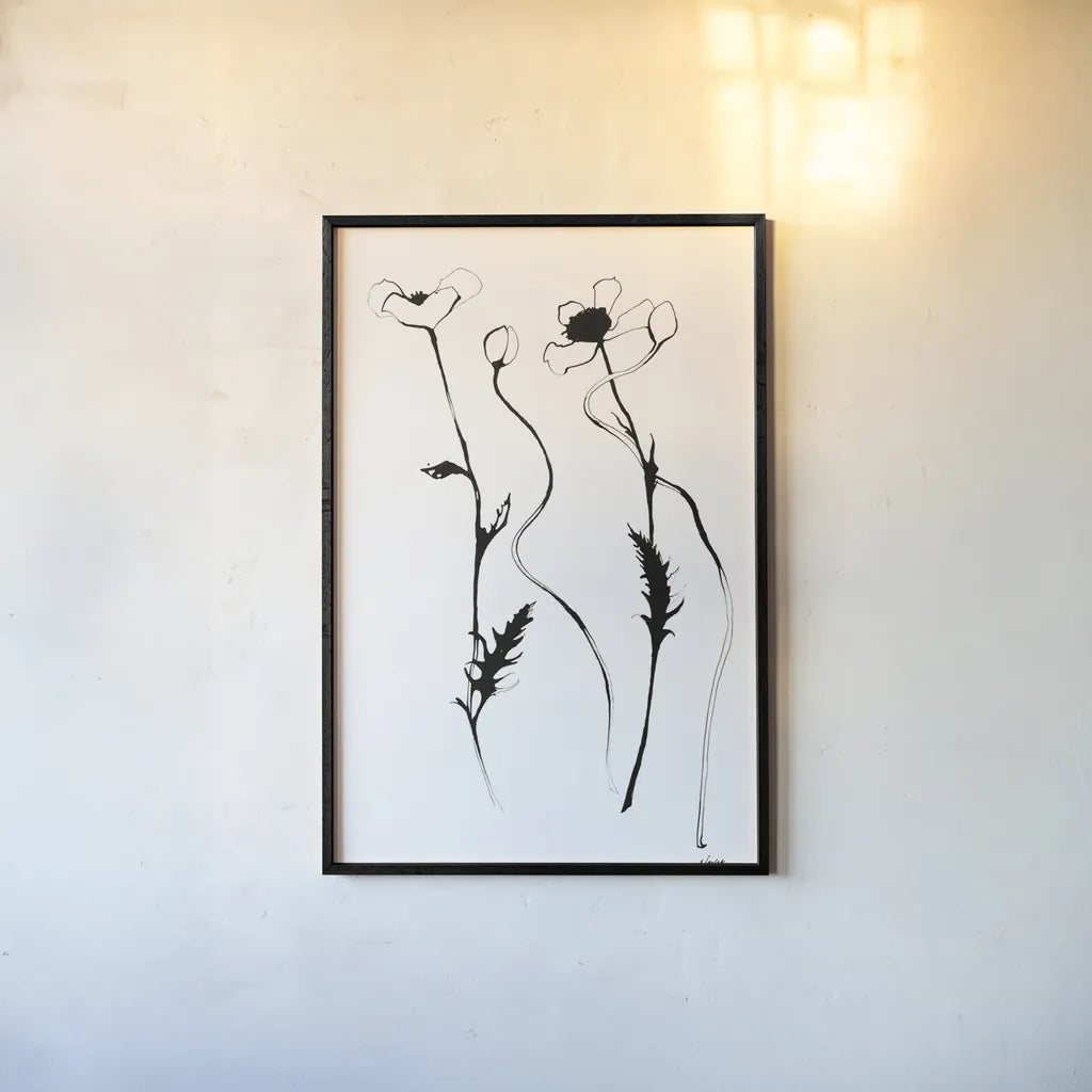 Ink Poppies by Shirley Novak. shown as a paper print in a black flame. Available as a archival giclee rolled canvas, fine art paper, or poster print. SKU 89289h.