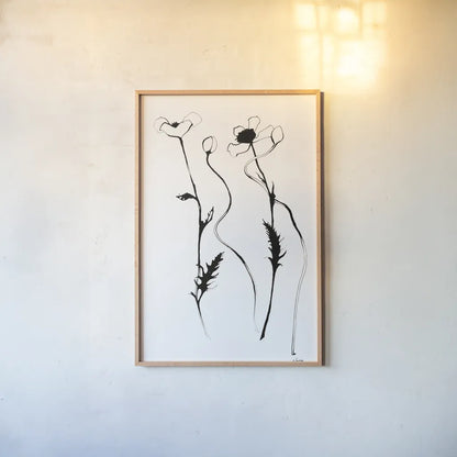 Ink Poppies by Shirley Novak. shown as a paper print in a natural frame. Available as a archival giclee rolled canvas, fine art paper, or poster print. SKU 89289h.