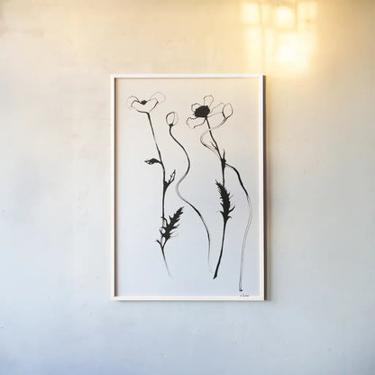 Ink Poppies by Shirley Novak. shown as a paper print in a white frame. Available as a archival giclee rolled canvas, fine art paper, or poster print. SKU 89289h.