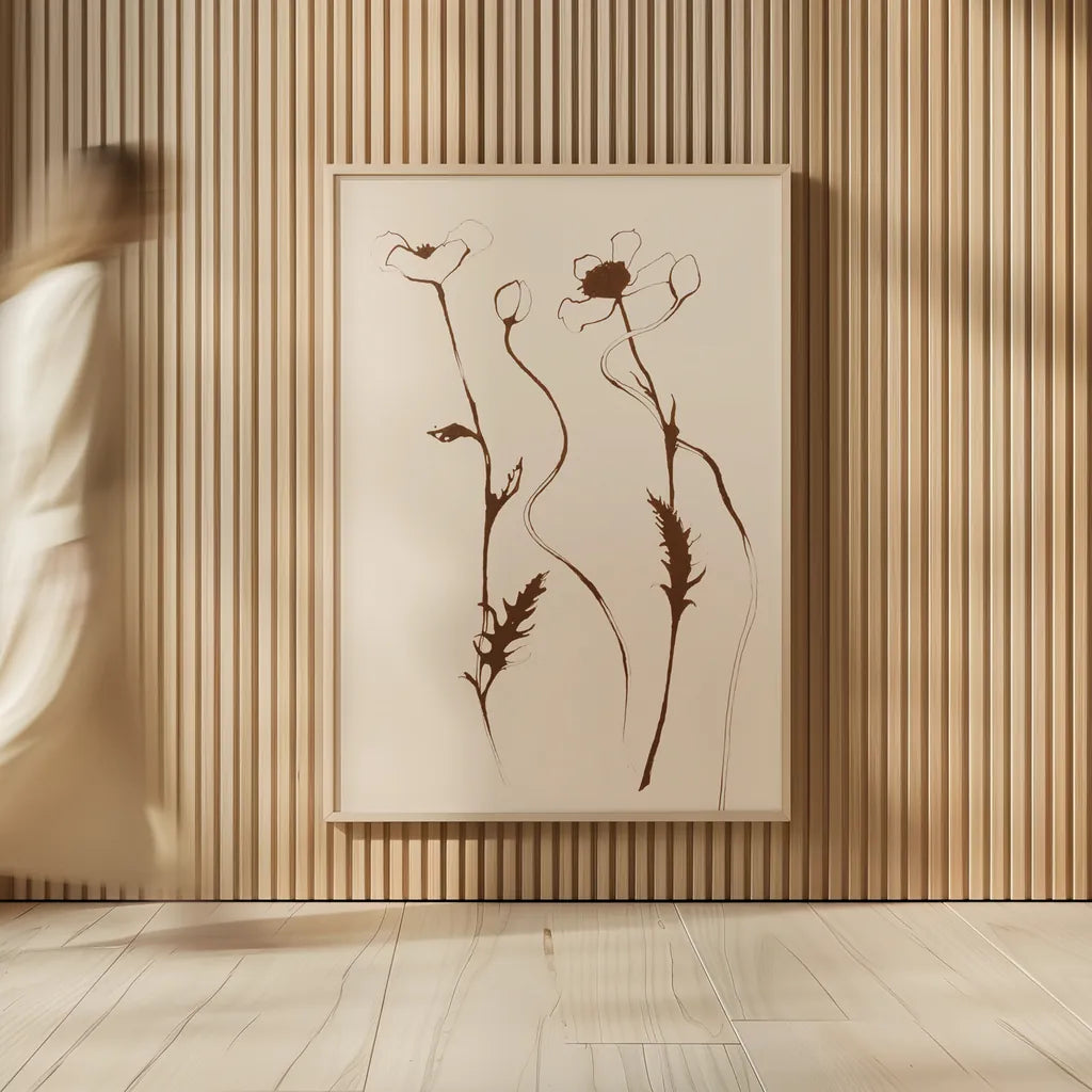 Ink Poppies Sepia by Shirley Novak. shown as over sized large wall art. Available as an archival giclee rolled canvas, fine art paper, or poster print. SKU 91298h.