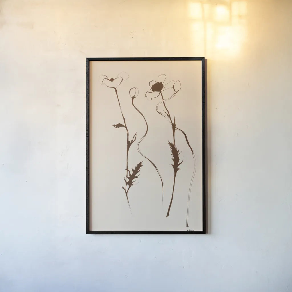 Ink Poppies Sepia by Shirley Novak. shown as a paper print in a black flame. Available as a archival giclee rolled canvas, fine art paper, or poster print. SKU 91298h.