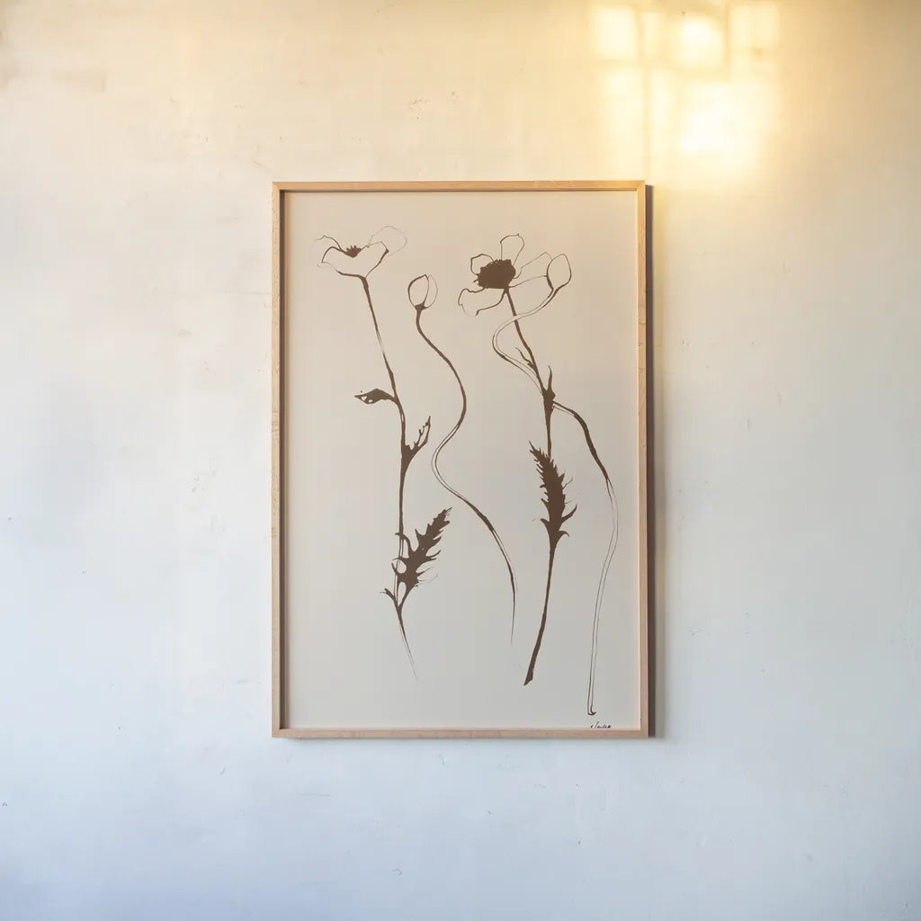 Ink Poppies Sepia by Shirley Novak. shown as a paper print in a natural frame. Available as a archival giclee rolled canvas, fine art paper, or poster print. SKU 91298h.