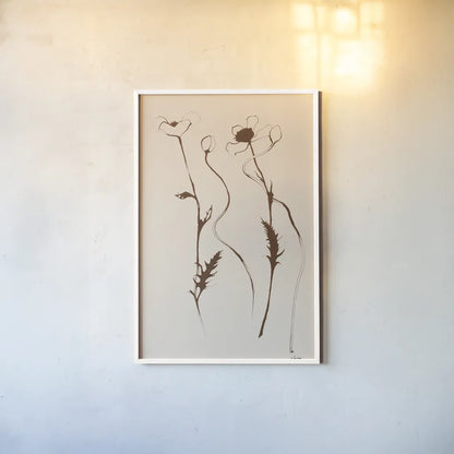 Ink Poppies Sepia by Shirley Novak. shown as a paper print in a white frame. Available as a archival giclee rolled canvas, fine art paper, or poster print. SKU 91298h.