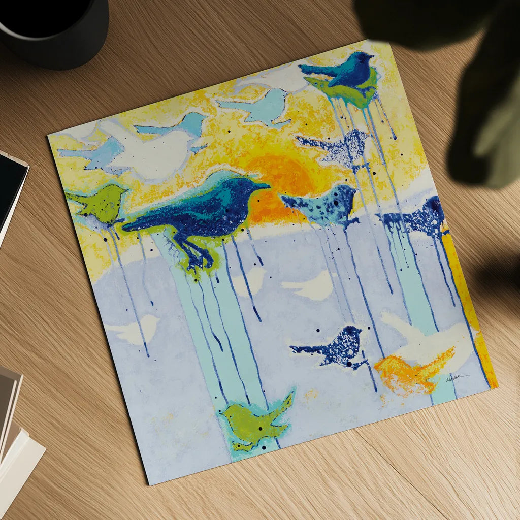 Its Raining Birds by Shirley Novak. Shown as a detailed flat fine art print, highlighting archival giclee quality. Available as an archival giclee rolled canvas, fine art paper, or poster print. SKU 92995a.