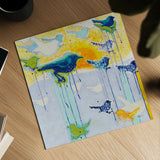 Its Raining Birds by Shirley Novak. Shown as a detailed flat fine art print, highlighting archival giclee quality. Available as an archival giclee rolled canvas, fine art paper, or poster print. SKU 92995a.