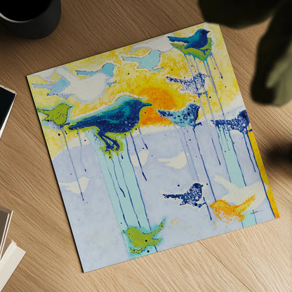 Its Raining Birds by Shirley Novak. Shown as a detailed flat fine art print, highlighting archival giclee quality. Available as an archival giclee rolled canvas, fine art paper, or poster print. SKU 92995a.