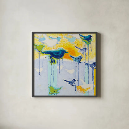 Its Raining Birds by Shirley Novak. Shown in a sleek black glass frame for a contemporary gallery look. Available as an archival giclee rolled canvas, fine art paper, or poster print. SKU 92995a.