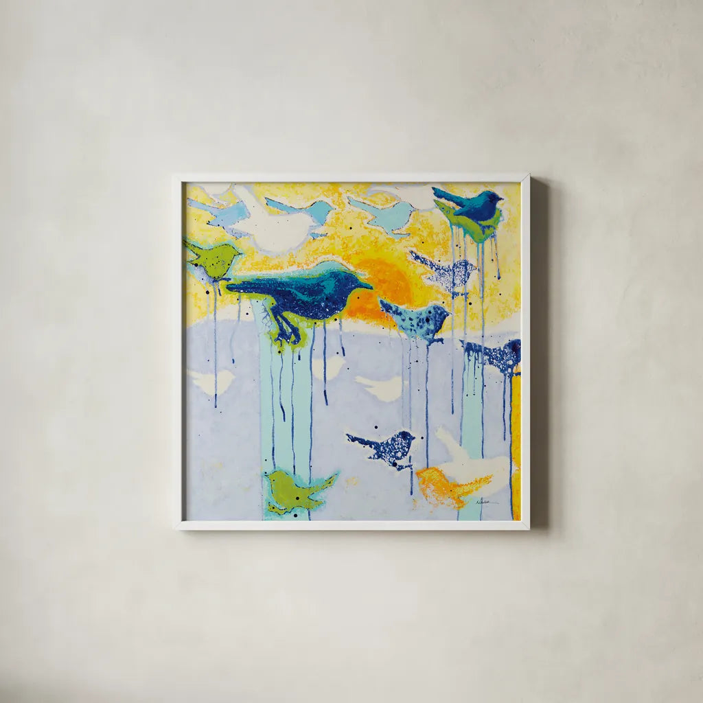 Its Raining Birds by Shirley Novak. Shown in a crisp white glass frame for a clean and minimalist style. Available as an archival giclee rolled canvas, fine art paper, or poster print. SKU 92995a.