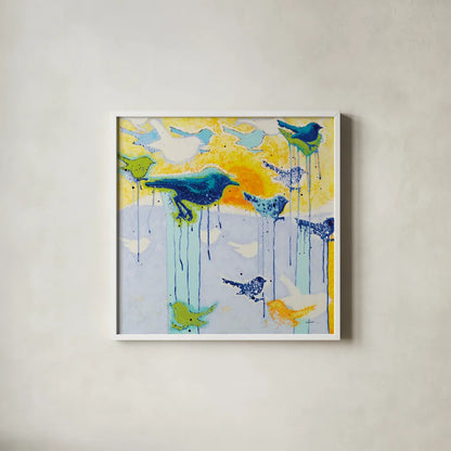 Its Raining Birds by Shirley Novak. Shown in a crisp white glass frame for a clean and minimalist style. Available as an archival giclee rolled canvas, fine art paper, or poster print. SKU 92995a.