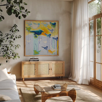 Its Raining Birds by Shirley Novak. Shown in a natural wood frame in a cozy modern living room. Available as an archival giclee rolled canvas, fine art paper, or poster print. SKU 92995a.