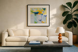 Its Raining Birds by Shirley Novak. Displayed in a glass frame with matte in a clean modern living room. Available as an archival giclee rolled canvas, fine art paper, or poster print. SKU 92995a.