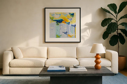 Its Raining Birds by Shirley Novak. Displayed in a glass frame with matte in a clean modern living room. Available as an archival giclee rolled canvas, fine art paper, or poster print. SKU 92995a.