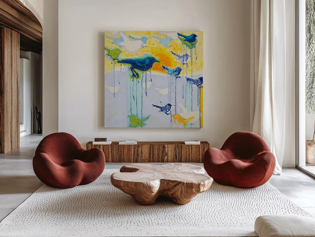 Its Raining Birds by Shirley Novak. Shown as extra-large giant wall art in a modern living room. Available as an archival giclee rolled canvas, fine art paper, or poster print. SKU 92995a.
