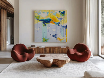Its Raining Birds by Shirley Novak. Shown as extra-large giant wall art in a modern living room. Available as an archival giclee rolled canvas, fine art paper, or poster print. SKU 92995a.