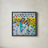 Its Raining Birds Hallelujah by Shirley Novak. Shown in a sleek black glass frame for a contemporary gallery look. Available as an archival giclee rolled canvas, fine art paper, or poster print. SKU 92994a.