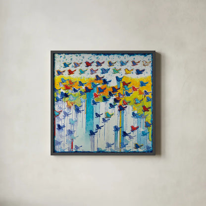 Its Raining Birds Hallelujah by Shirley Novak. Shown in a sleek black glass frame for a contemporary gallery look. Available as an archival giclee rolled canvas, fine art paper, or poster print. SKU 92994a.