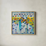 Its Raining Birds Hallelujah by Shirley Novak. Shown in a natural wood glass frame for a timeless modern aesthetic. Available as an archival giclee rolled canvas, fine art paper, or poster print. SKU 92994a.