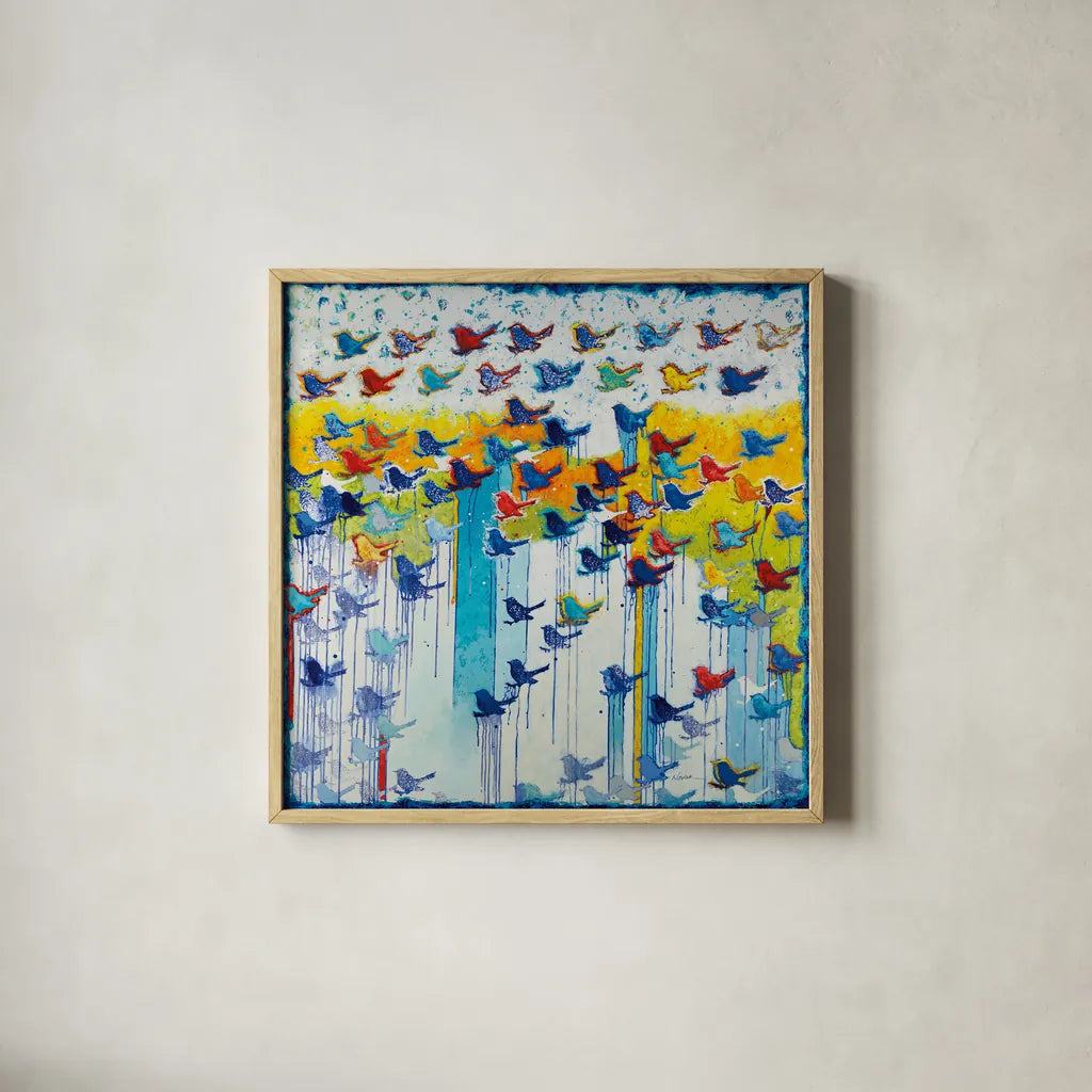 Its Raining Birds Hallelujah by Shirley Novak. Shown in a natural wood glass frame for a timeless modern aesthetic. Available as an archival giclee rolled canvas, fine art paper, or poster print. SKU 92994a.