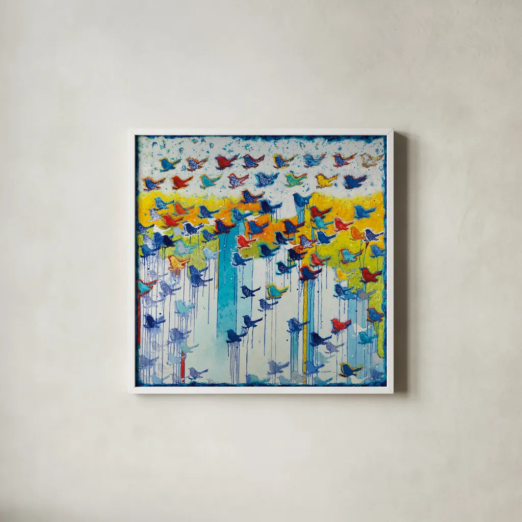 Its Raining Birds Hallelujah by Shirley Novak. Shown in a crisp white glass frame for a clean and minimalist style. Available as an archival giclee rolled canvas, fine art paper, or poster print. SKU 92994a.