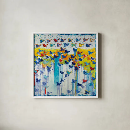 Its Raining Birds Hallelujah by Shirley Novak. Shown in a crisp white glass frame for a clean and minimalist style. Available as an archival giclee rolled canvas, fine art paper, or poster print. SKU 92994a.