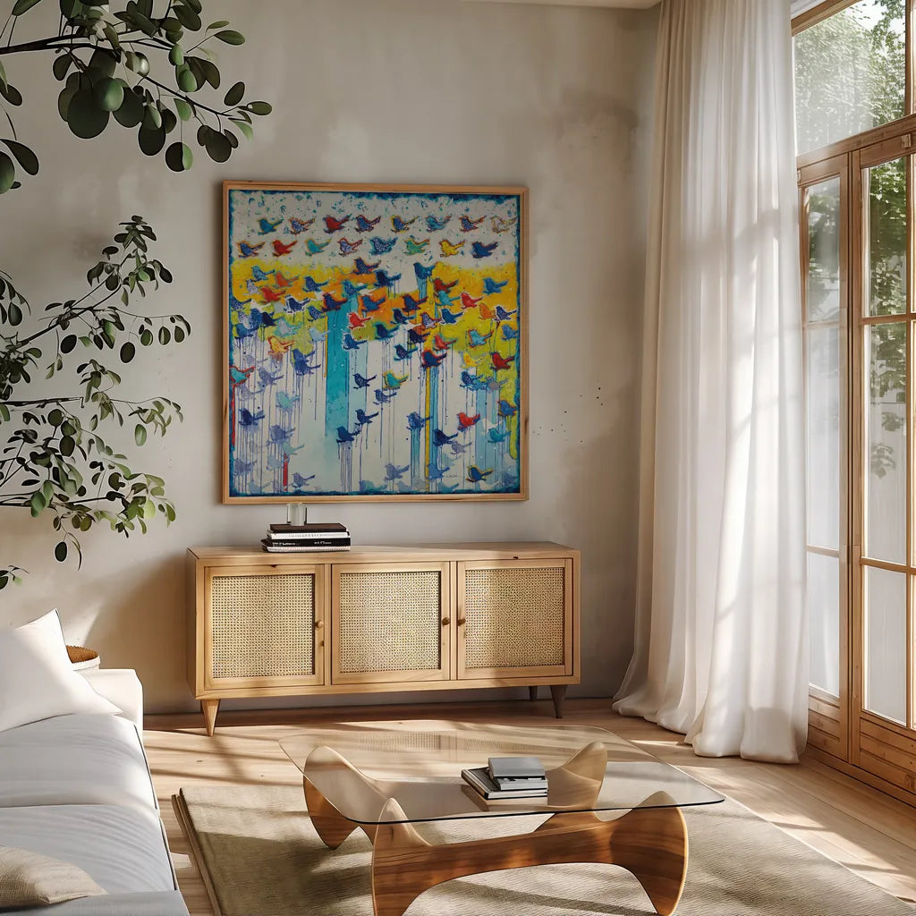 Its Raining Birds Hallelujah by Shirley Novak. Shown in a natural wood frame in a cozy modern living room. Available as an archival giclee rolled canvas, fine art paper, or poster print. SKU 92994a.