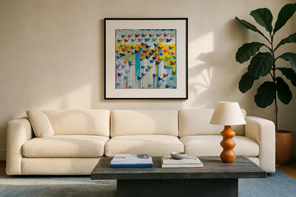 Its Raining Birds Hallelujah by Shirley Novak. Displayed in a glass frame with matte in a clean modern living room. Available as an archival giclee rolled canvas, fine art paper, or poster print. SKU 92994a.