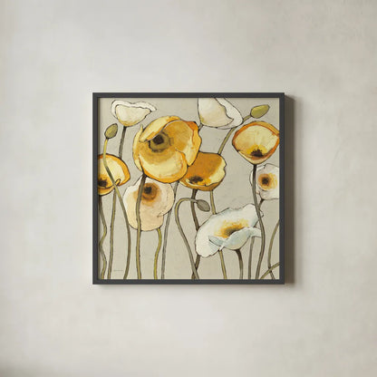 Jaune Gris II by Shirley Novak. Shown in a sleek black glass frame for a contemporary gallery look. Available as an archival giclee rolled canvas, fine art paper, or poster print. SKU 11124a.