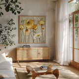 Jaune Gris II by Shirley Novak. Shown in a natural wood frame in a cozy modern living room. Available as an archival giclee rolled canvas, fine art paper, or poster print. SKU 11124a.