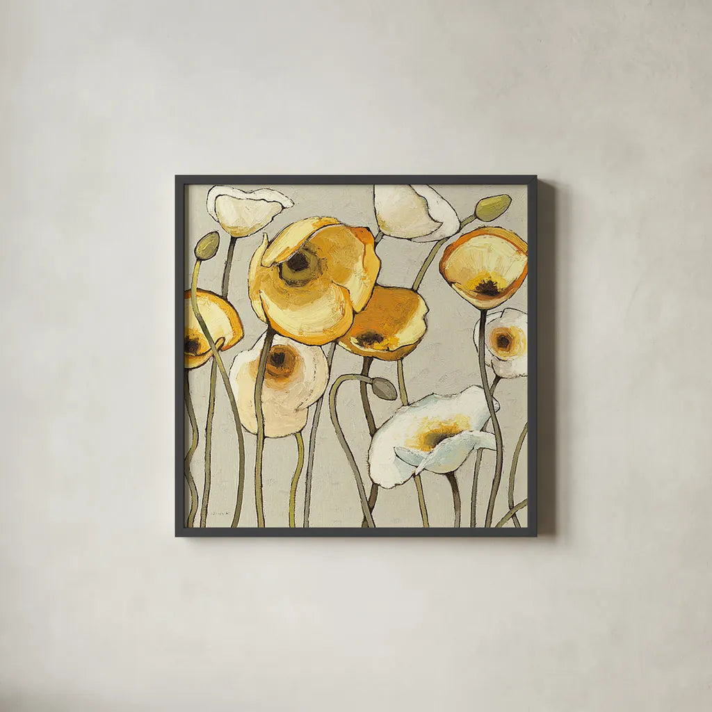 Jaune Gris II by Shirley Novak. Shown in a sleek black glass frame for a contemporary gallery look. Available as an archival giclee rolled canvas, fine art paper, or poster print. SKU 15313a.