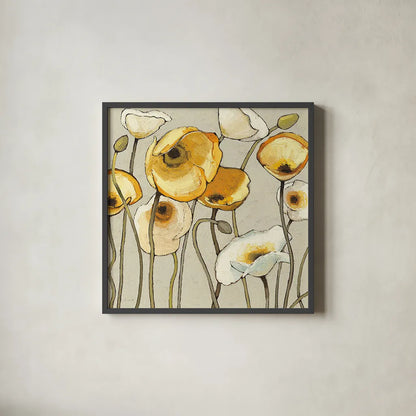 Jaune Gris II by Shirley Novak. Shown in a sleek black glass frame for a contemporary gallery look. Available as an archival giclee rolled canvas, fine art paper, or poster print. SKU 15313a.