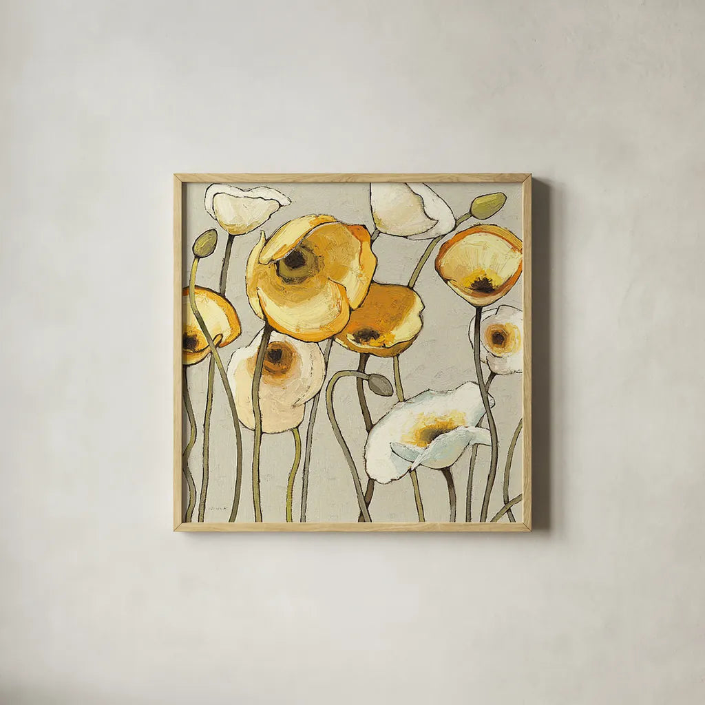 Jaune Gris II by Shirley Novak. Shown in a natural wood glass frame for a timeless modern aesthetic. Available as an archival giclee rolled canvas, fine art paper, or poster print. SKU 15313a.