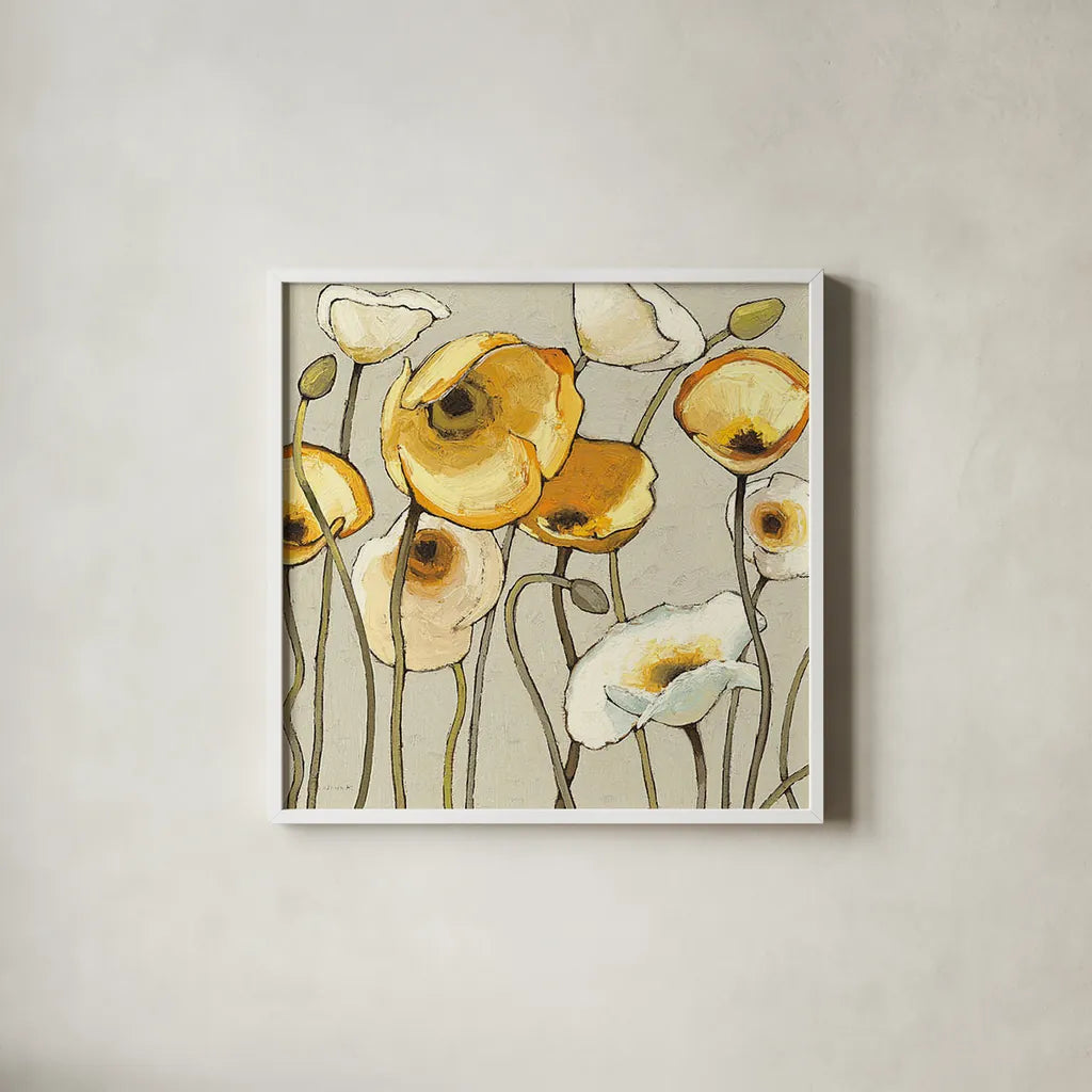 Jaune Gris II by Shirley Novak. Shown in a crisp white glass frame for a clean and minimalist style. Available as an archival giclee rolled canvas, fine art paper, or poster print. SKU 15313a.