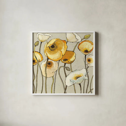 Jaune Gris II by Shirley Novak. Shown in a crisp white glass frame for a clean and minimalist style. Available as an archival giclee rolled canvas, fine art paper, or poster print. SKU 15313a.