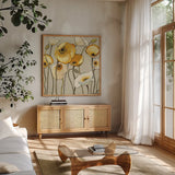 Jaune Gris II by Shirley Novak. Shown in a natural wood frame in a cozy modern living room. Available as an archival giclee rolled canvas, fine art paper, or poster print. SKU 15313a.