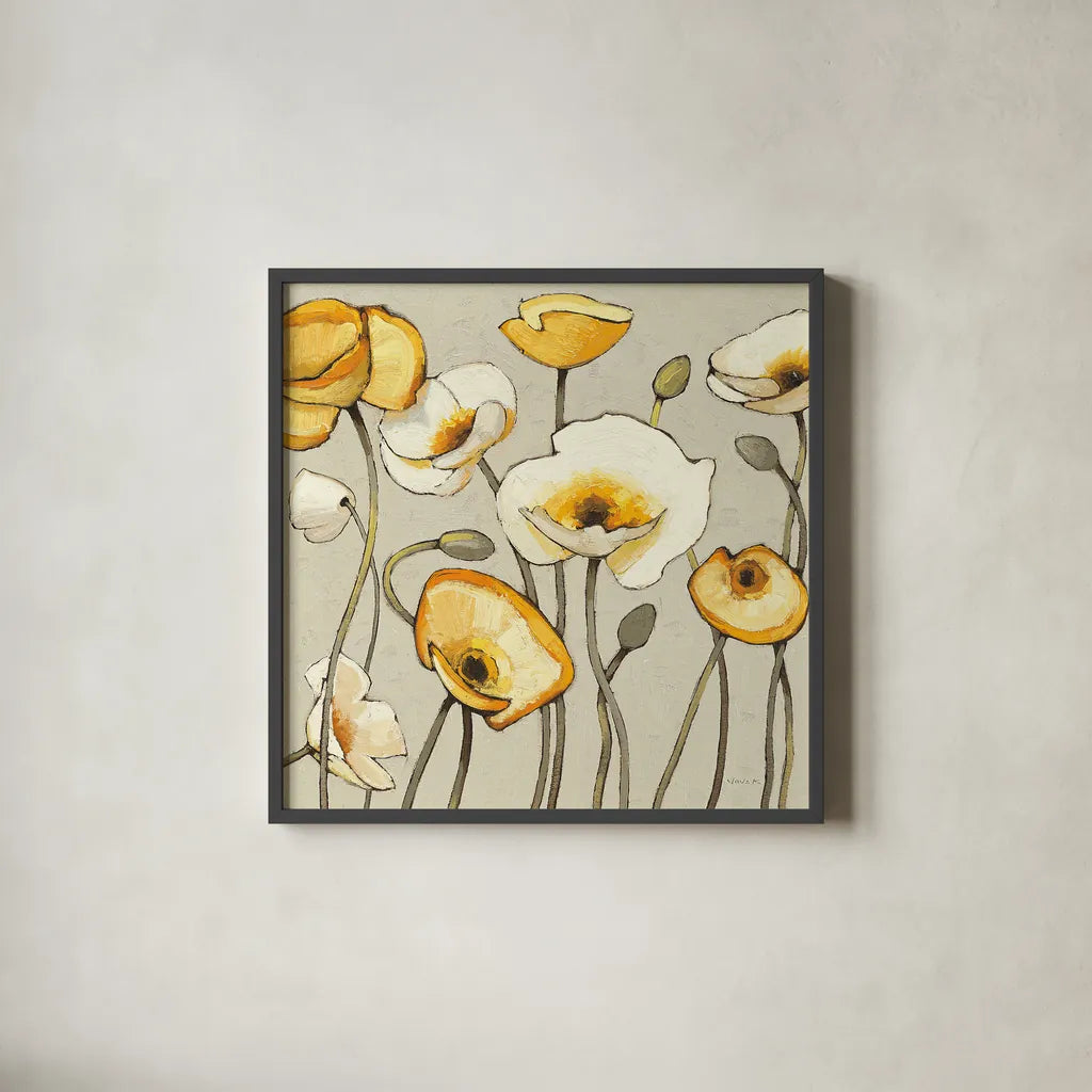 Jaune Gris III by Shirley Novak. Shown in a sleek black glass frame for a contemporary gallery look. Available as an archival giclee rolled canvas, fine art paper, or poster print. SKU 11125a.
