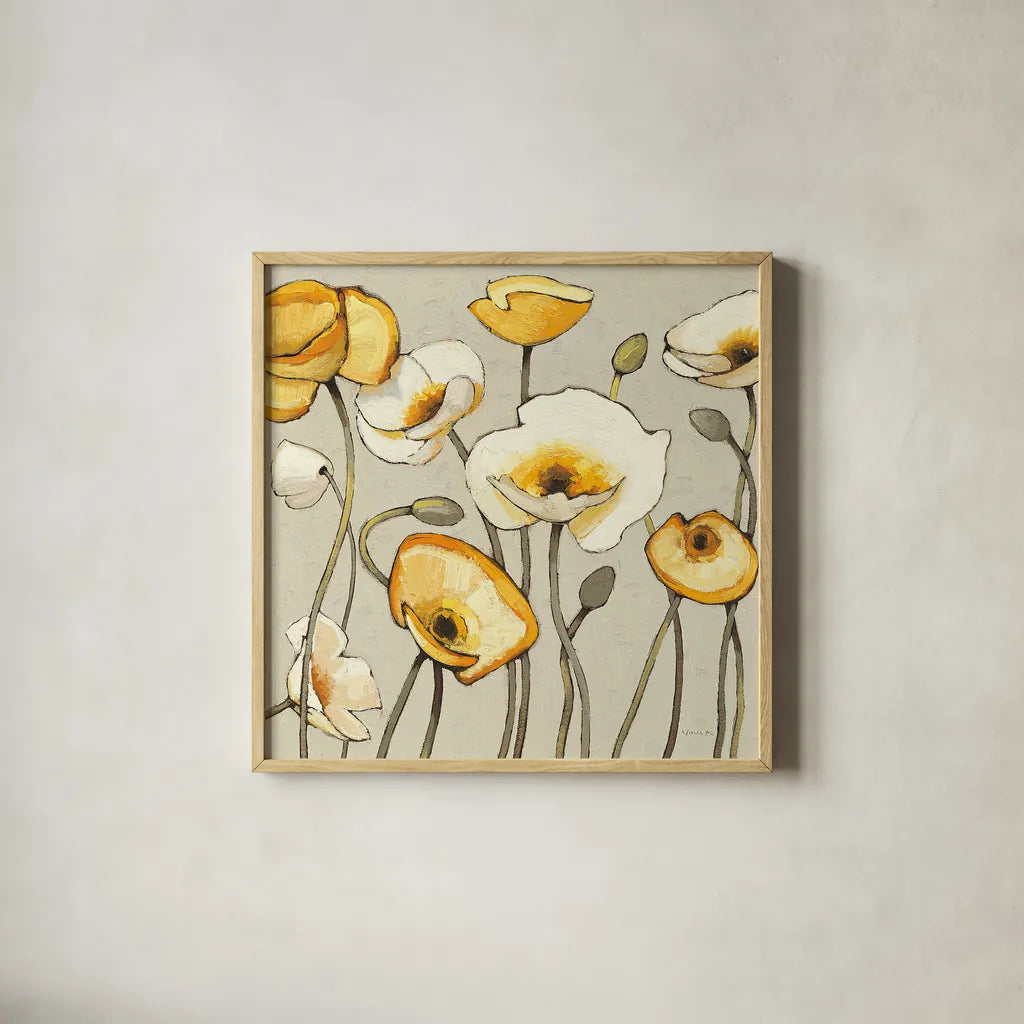 Jaune Gris III by Shirley Novak. Shown in a natural wood glass frame for a timeless modern aesthetic. Available as an archival giclee rolled canvas, fine art paper, or poster print. SKU 11125a.