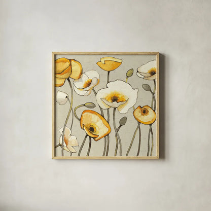Jaune Gris III by Shirley Novak. Shown in a natural wood glass frame for a timeless modern aesthetic. Available as an archival giclee rolled canvas, fine art paper, or poster print. SKU 11125a.