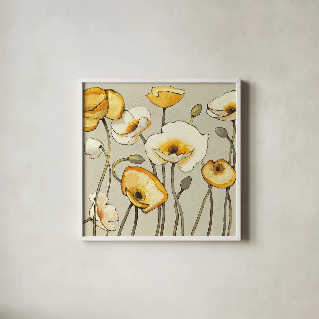 Jaune Gris III by Shirley Novak. Shown in a crisp white glass frame for a clean and minimalist style. Available as an archival giclee rolled canvas, fine art paper, or poster print. SKU 11125a.