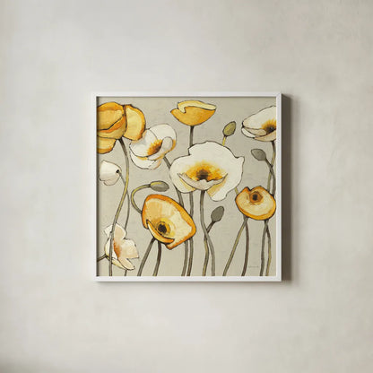 Jaune Gris III by Shirley Novak. Shown in a crisp white glass frame for a clean and minimalist style. Available as an archival giclee rolled canvas, fine art paper, or poster print. SKU 11125a.