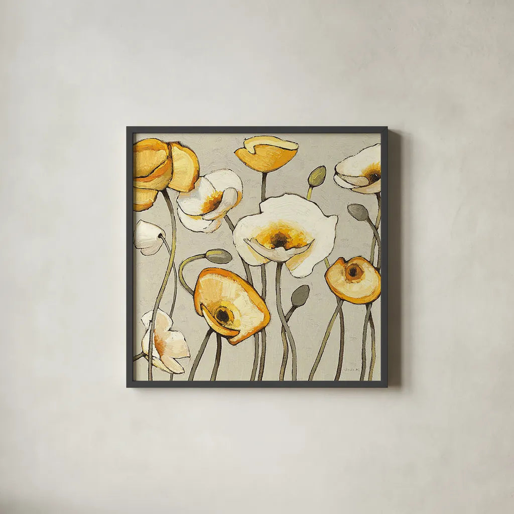 Jaune Gris III by Shirley Novak. Shown in a sleek black glass frame for a contemporary gallery look. Available as an archival giclee rolled canvas, fine art paper, or poster print. SKU 15314a.