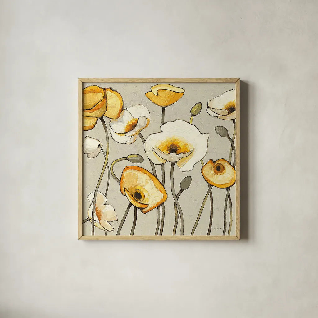 Jaune Gris III by Shirley Novak. Shown in a natural wood glass frame for a timeless modern aesthetic. Available as an archival giclee rolled canvas, fine art paper, or poster print. SKU 15314a.