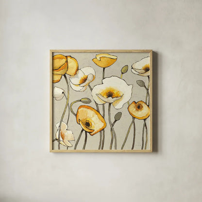 Jaune Gris III by Shirley Novak. Shown in a natural wood glass frame for a timeless modern aesthetic. Available as an archival giclee rolled canvas, fine art paper, or poster print. SKU 15314a.