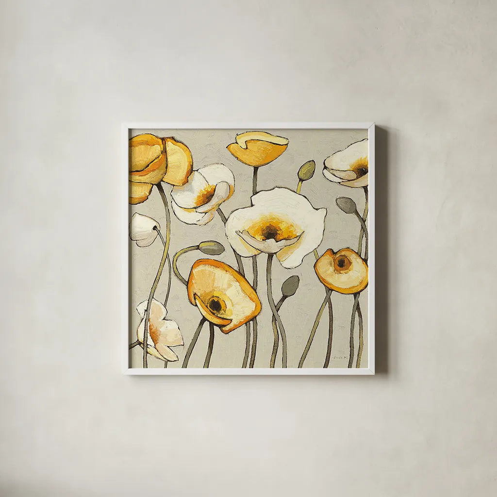 Jaune Gris III by Shirley Novak. Shown in a crisp white glass frame for a clean and minimalist style. Available as an archival giclee rolled canvas, fine art paper, or poster print. SKU 15314a.