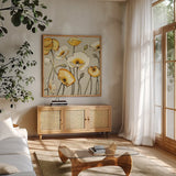 Jaune Gris III by Shirley Novak. Shown in a natural wood frame in a cozy modern living room. Available as an archival giclee rolled canvas, fine art paper, or poster print. SKU 15314a.